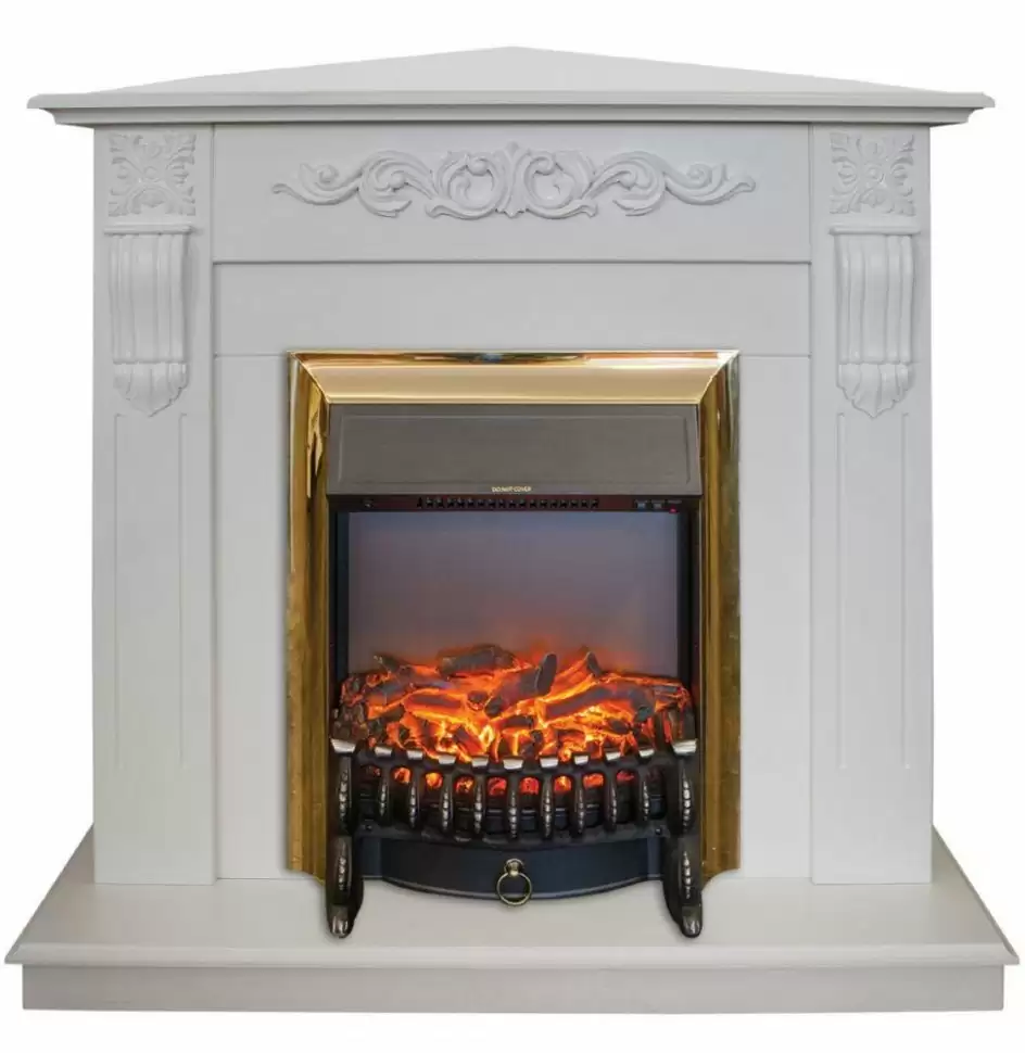 Каминокомплект RealFlame Dominica Corner STD/EUG WT с очагом Majestic Lux Brass S